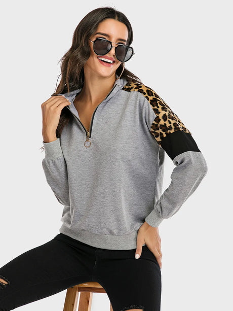 Contrast Leopard Half Zip Long Sleeve Sweatshirt - V.I.P Digital Presence