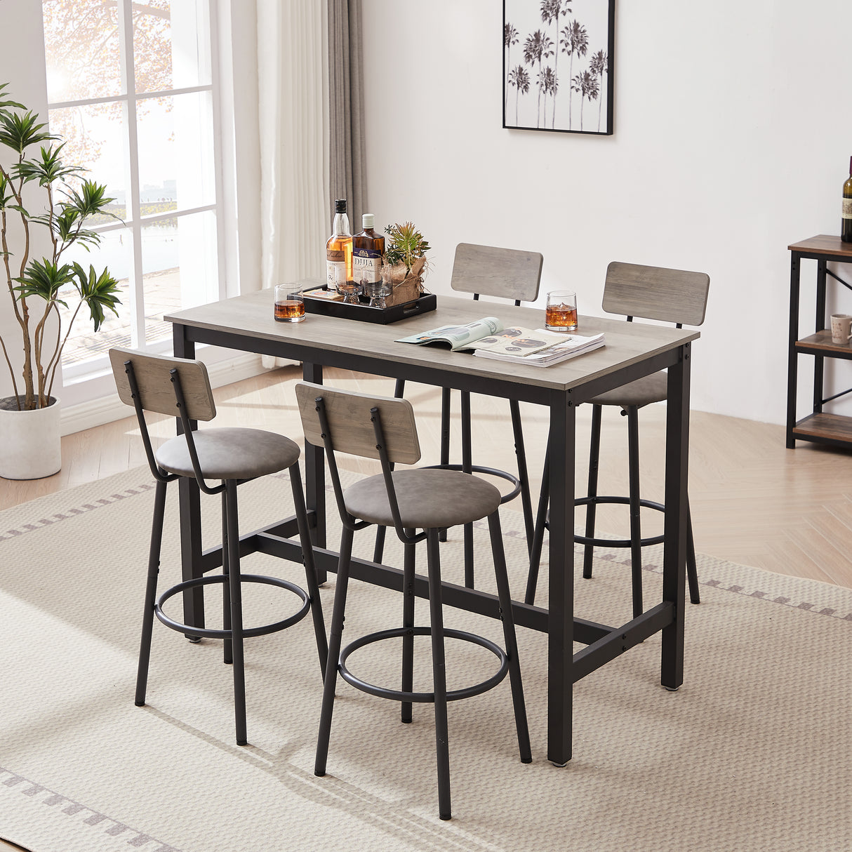 Bar Table Set with 4 Bar stools PU Soft seat with backrest Grey 47.24'' L x 23.62'' W x 35.43'' H - V.I.P Digital Presence