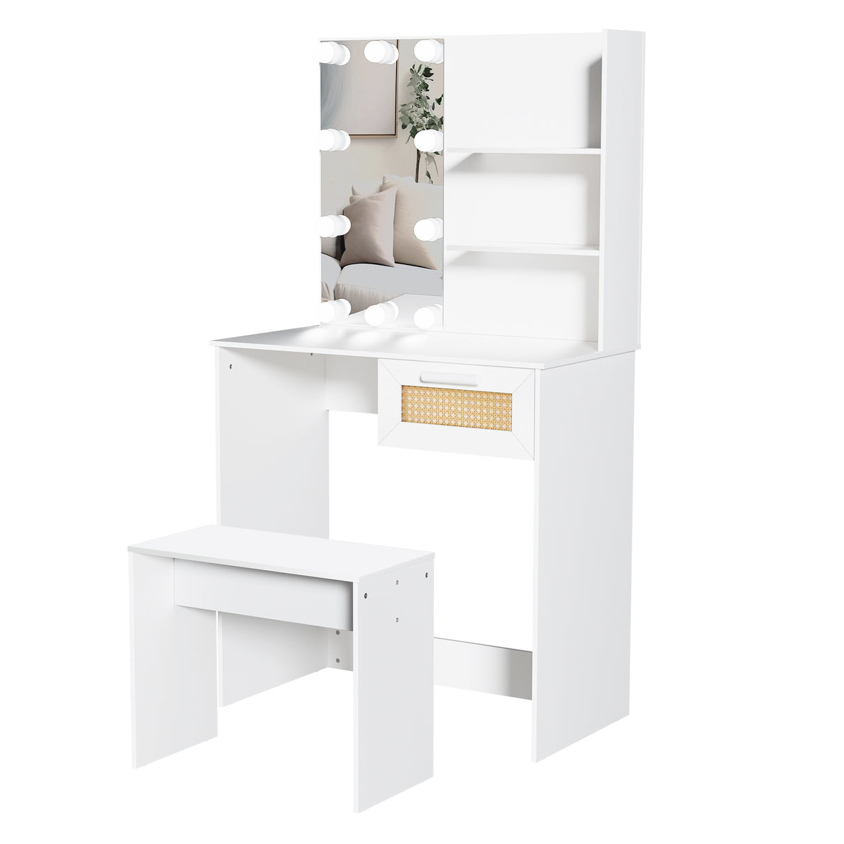 Vanity Desk Set Stool & Dressing Table with LED Lighting Mirror Drawer and Wood Cosmetic Table Chest of Drawers White Color - V.I.P Digital Presence
