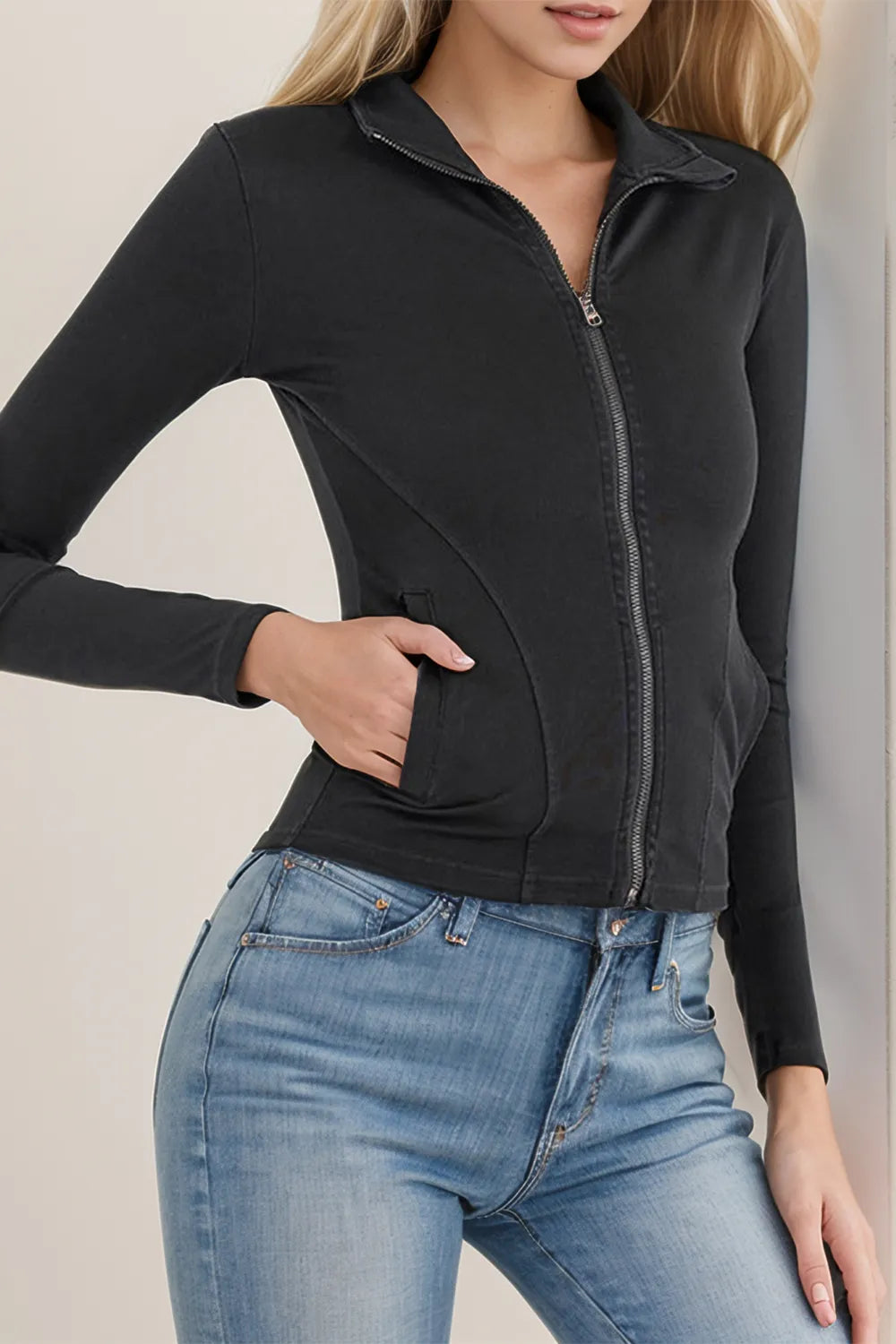 Pocketed Turtleneck Zip Up Denim Top - V.I.P Digital Presence