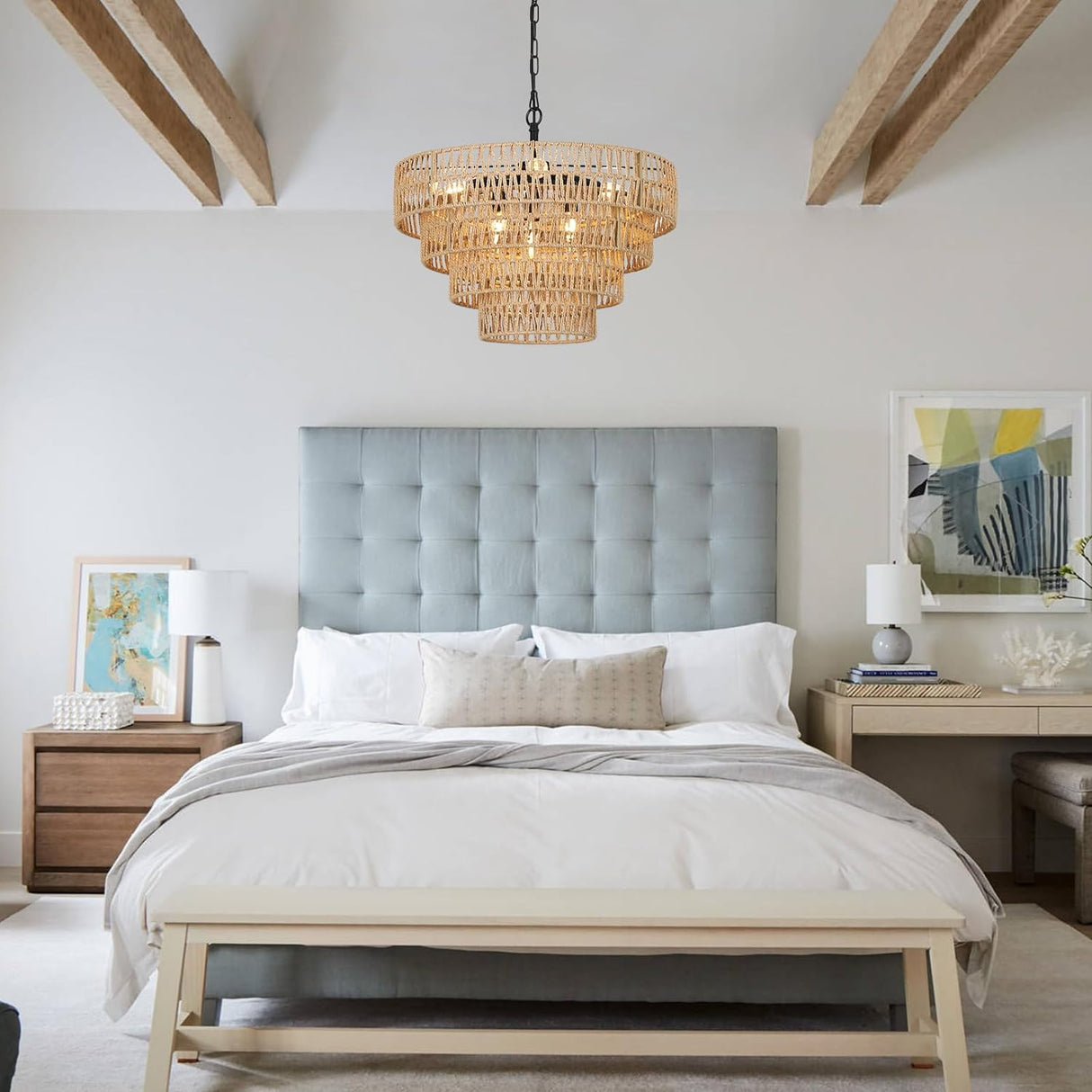 6-Light Dining Room Light Fixture, Wicker Pendant Lighting with 4-Tier Woven Lampshade, Large Farmhouse Chandeliers (20") - V.I.P Digital Presence