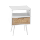 15.75" Rattan End table with drawer and solid wood legs Modern nightstand side table for living room  white - V.I.P Digital Presence
