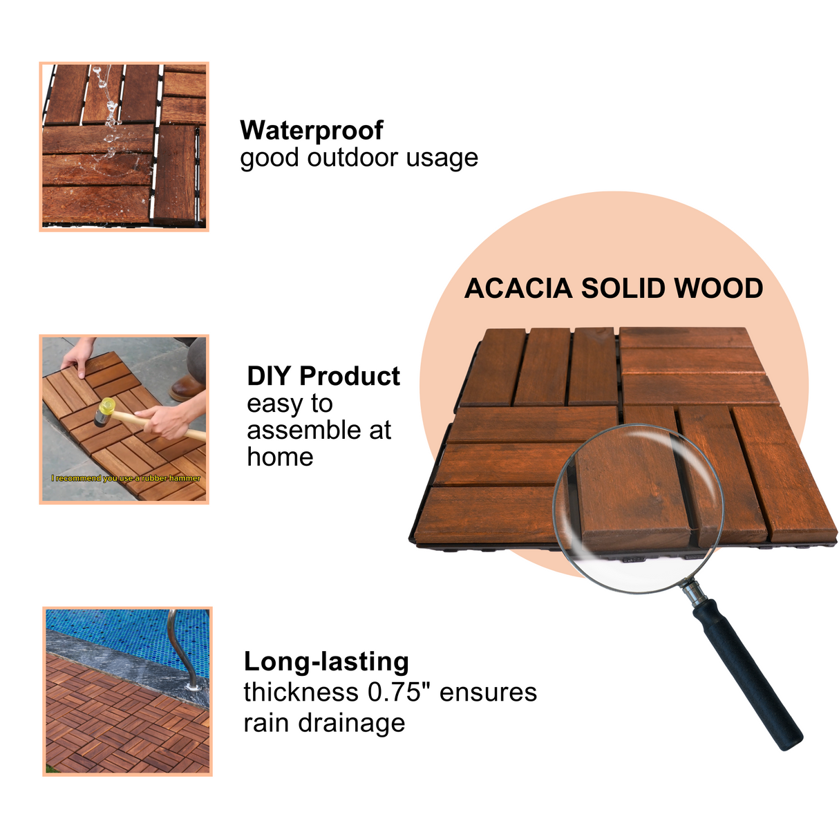Acacia interlocking deck tile grid pattern, 10 pieces of 12 inch x 12 inch square brown Acacia hardwood outdoor flooring - V.I.P Digital Presence