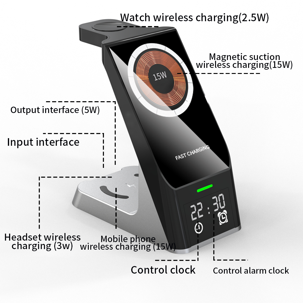 Wireless Charger 6-In-1 Multi-Function Clock Alarm Clock For Apple 14 Mobile Phone Headset Watch Magnetic Suction Fast Charging - V.I.P Digital Presence