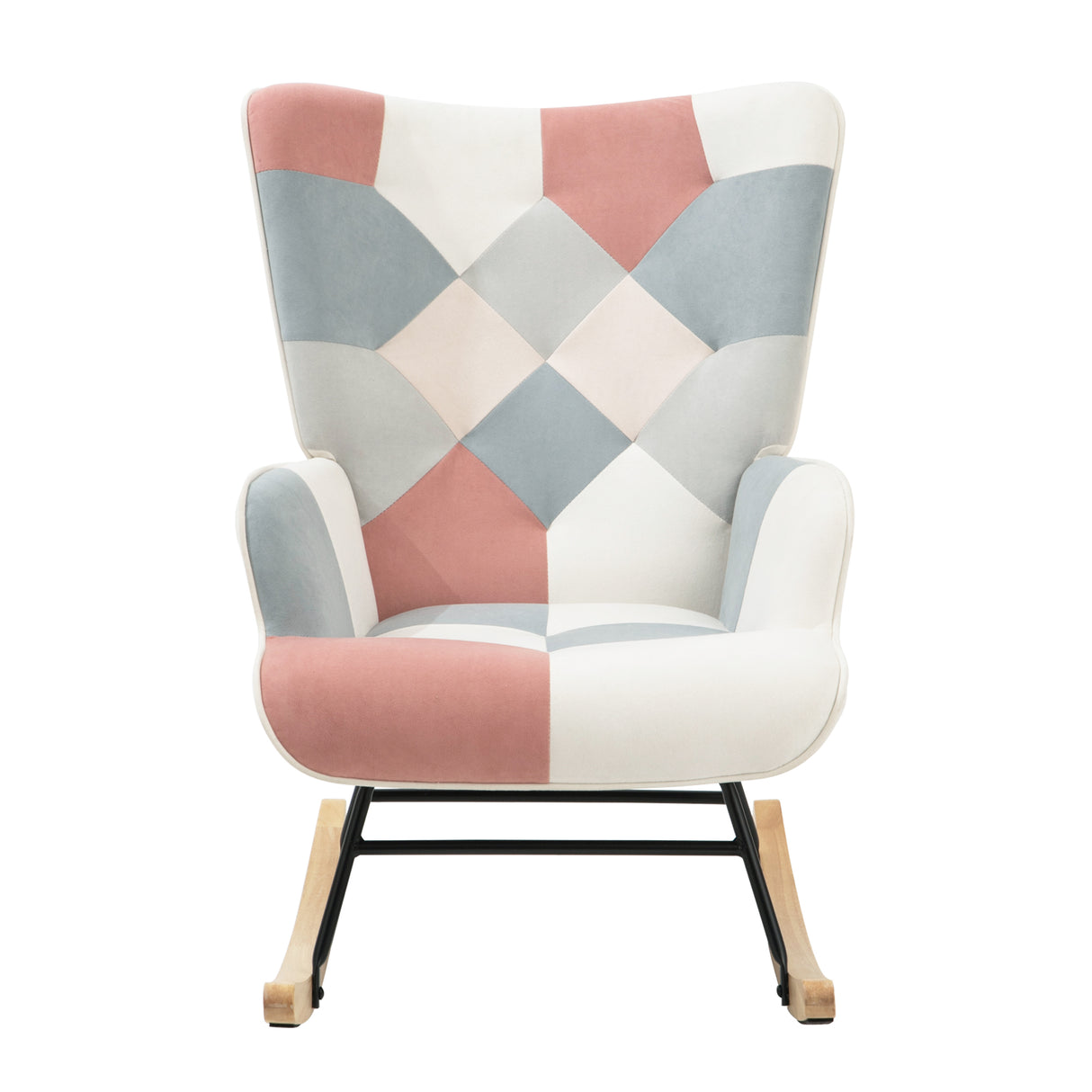 Rocking Chair with ottoman, Mid Century Fabric Rocker Chair with Wood Legs and Patchwork Linen for Livingroom Bedroom - V.I.P Digital Presence