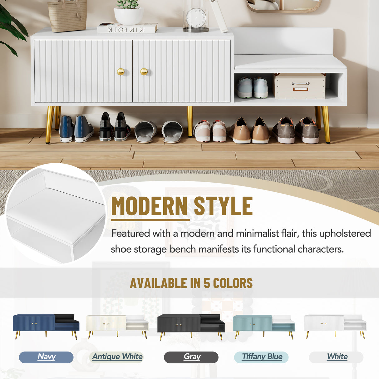Modern Shoe Storage Bench with Hidden Storage and Upholstered Cushions for Bedside, Living Room and Entryway (White) - V.I.P Digital Presence