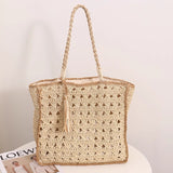 Square tassel single shoulder grass woven bag small fresh hollow handmade grass woven bag women's beach bag - V.I.P Digital Presence