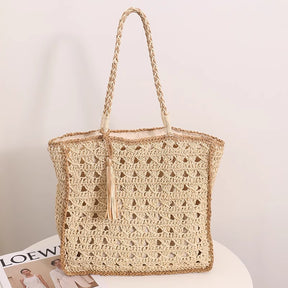 Square tassel single shoulder grass woven bag small fresh hollow handmade grass woven bag women's beach bag - V.I.P Digital Presence