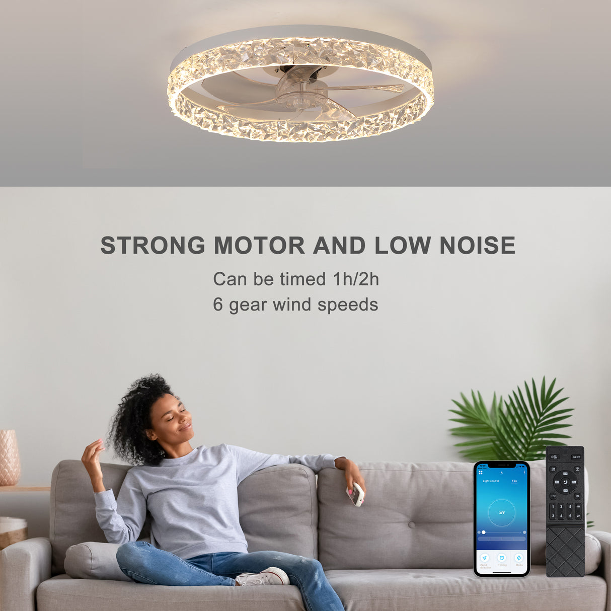Modern acrylic ceiling fan light with remote control, dimmable LED pendant light, 6-speed adjustable, silent motor - V.I.P Digital Presence