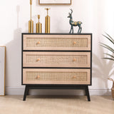 31.5 "3-Drawers Rattan Storage Cabinet Rattan Drawer,for Bedroom,Living Room,Natural drawer and black panel - V.I.P Digital Presence
