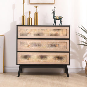 31.5 "3-Drawers Rattan Storage Cabinet Rattan Drawer,for Bedroom,Living Room,Natural drawer and black panel - V.I.P Digital Presence
