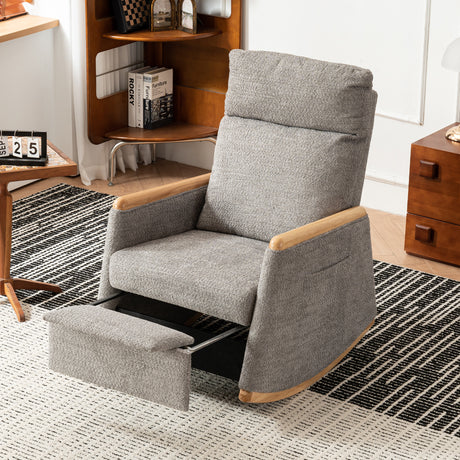 Accent Rocking Chair with Footrest High Back Rubber Wood Rocking Legs Bedroom Living Space 38.6D X 26.8W X 40.6H Inch - V.I.P Digital Presence