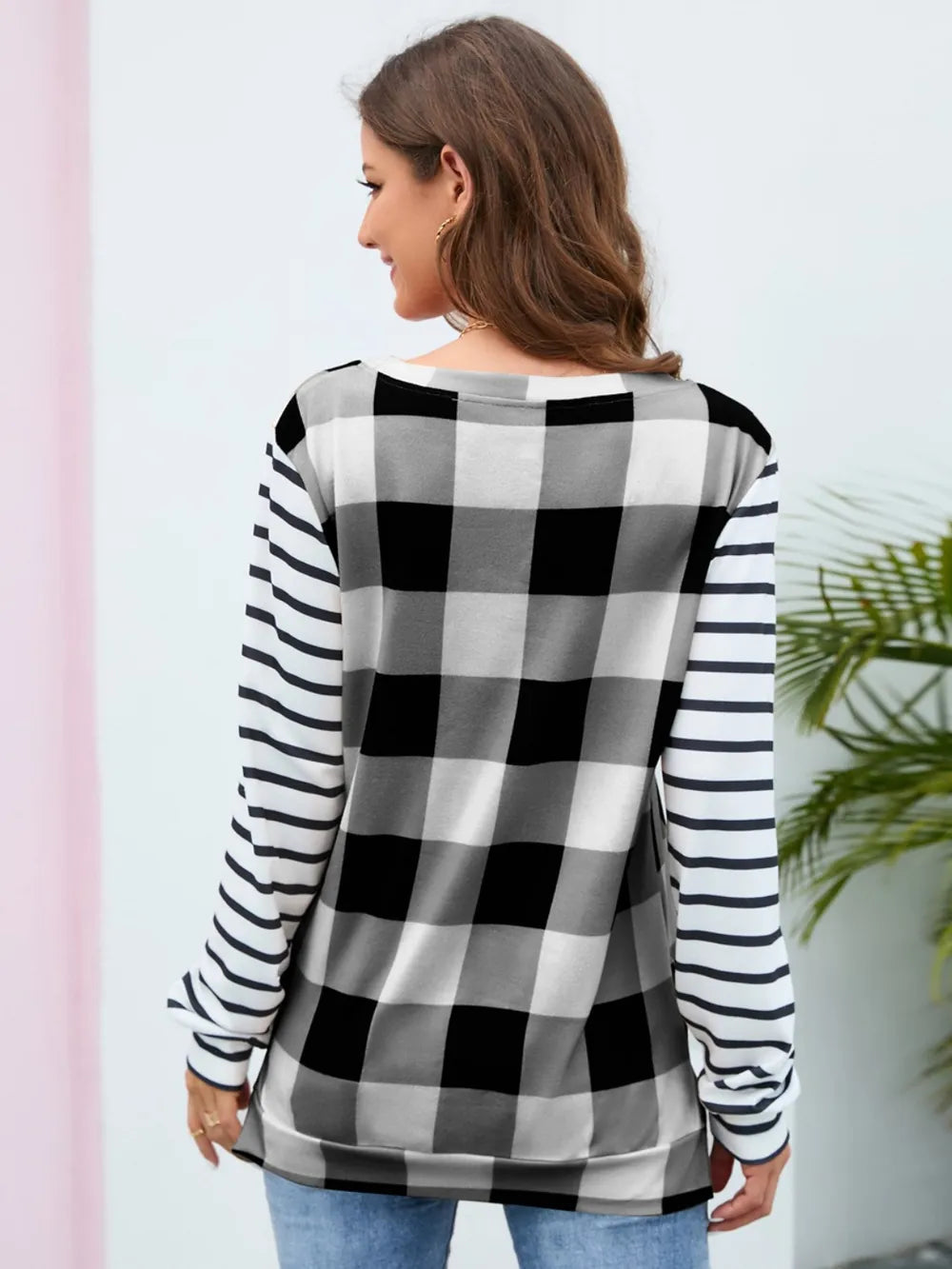 Plaid Striped Round Neck Long Sleeve T-Shirt - V.I.P Digital Presence