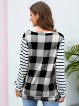 Plaid Striped Round Neck Long Sleeve T-Shirt - V.I.P Digital Presence