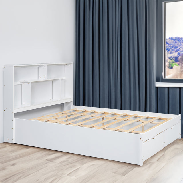 Queen Size Platform Bed with Storage Headboard and 2 Drawers, White - V.I.P Digital Presence