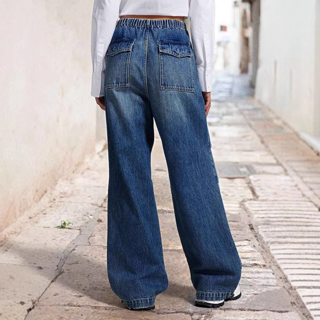 Mid waist wide leg pleated loose jeans women's street retro straight leg pants women - V.I.P Digital Presence