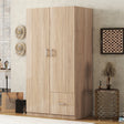 Wooden Wardrobe with Double Doors, Armoire with Hanging Rod, 5 Fixed Shelves, One Storage Drawer,Natural - V.I.P Digital Presence