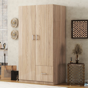 Wooden Wardrobe with Double Doors, Armoire with Hanging Rod, 5 Fixed Shelves, One Storage Drawer,Natural - V.I.P Digital Presence