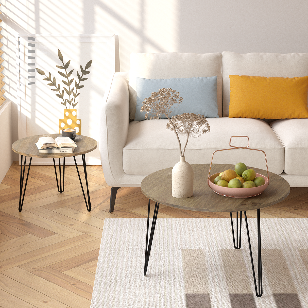 27.56'' Round Nesting Coffee Table Set of 2, Circular Nesting End Table Set  Sturdy Metal Base for Living Room, bedroom, Brown - V.I.P Digital Presence