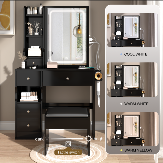 Left drawer desktop vanity+cushioned stool, 2 AC+2 USB power stations, touch sliding LED mirror, tri color switch - V.I.P Digital Presence