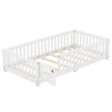 Twin Size Bed Floor Bed with Safety Guardrails and Door for Kids, White - V.I.P Digital Presence