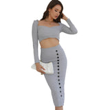 Sexy Knitted Dress Set - Long Sleeve Crop Top + Bodycon Slit Skirt - V.I.P Digital Presence