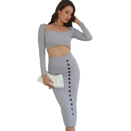 Sexy Knitted Dress Set - Long Sleeve Crop Top + Bodycon Slit Skirt - V.I.P Digital Presence