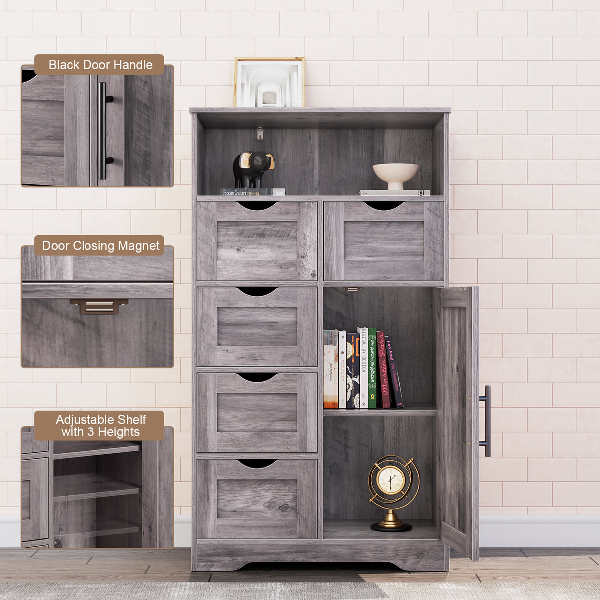 5 Drawers Storage Cabinet with Adjustable Shelves, Bathroom Cabinet with Doors, Floor Cabinet for Living Room Grey - V.I.P Digital Presence