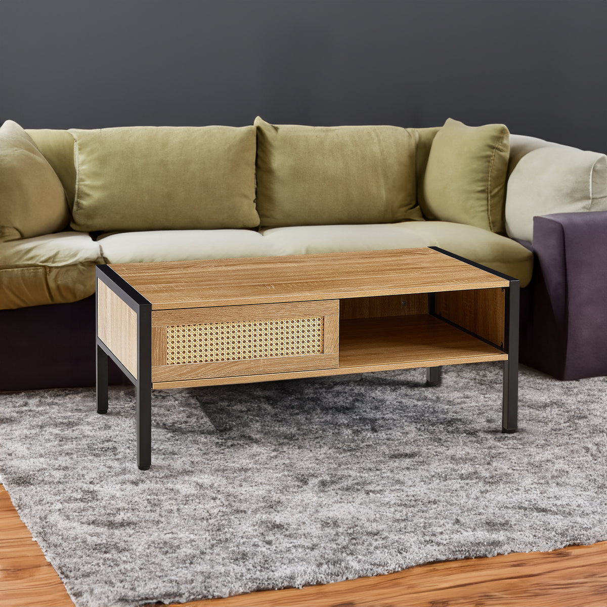 40.16" Rattan Coffee table, sliding door for storage, metal legs, Modern table for living room , natural - V.I.P Digital Presence
