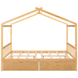 Full Size House Platform Bed with Two Drawers,Headboard and Footboard Roof Design Natural