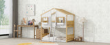 Twin over Twin House Bunk Bed with Roof , Window, Window Box, Door , with Safety Guardrails and Ladder, Natural/White - V.I.P Digital Presence