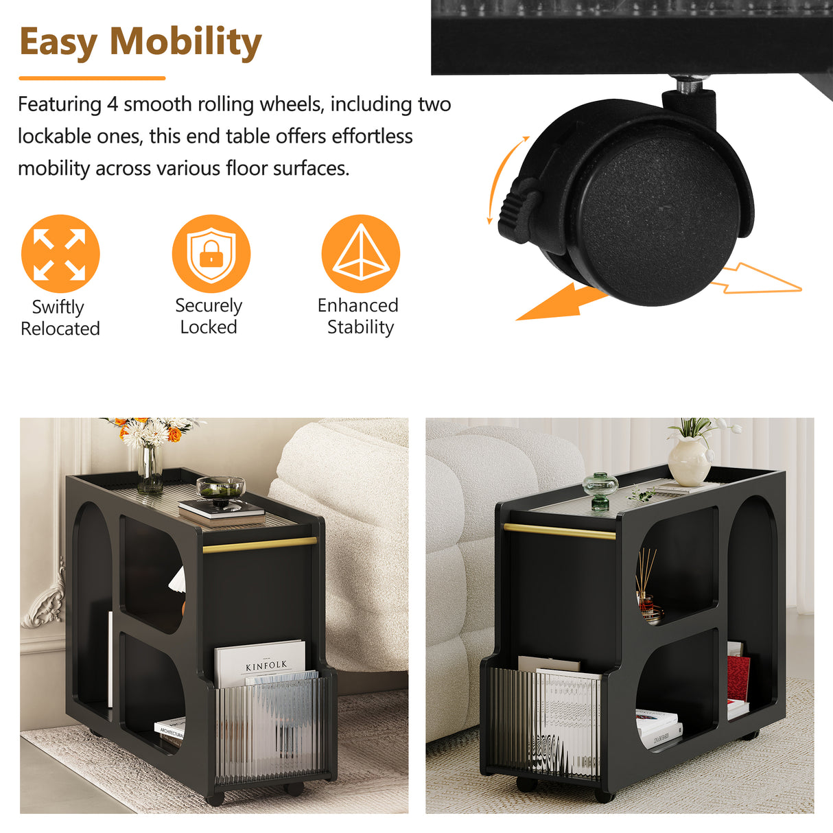Stylish mobile desk with lockable wheels,bedside table with 5mm thick grooved tempered glass and gold round bars ，black - V.I.P Digital Presence