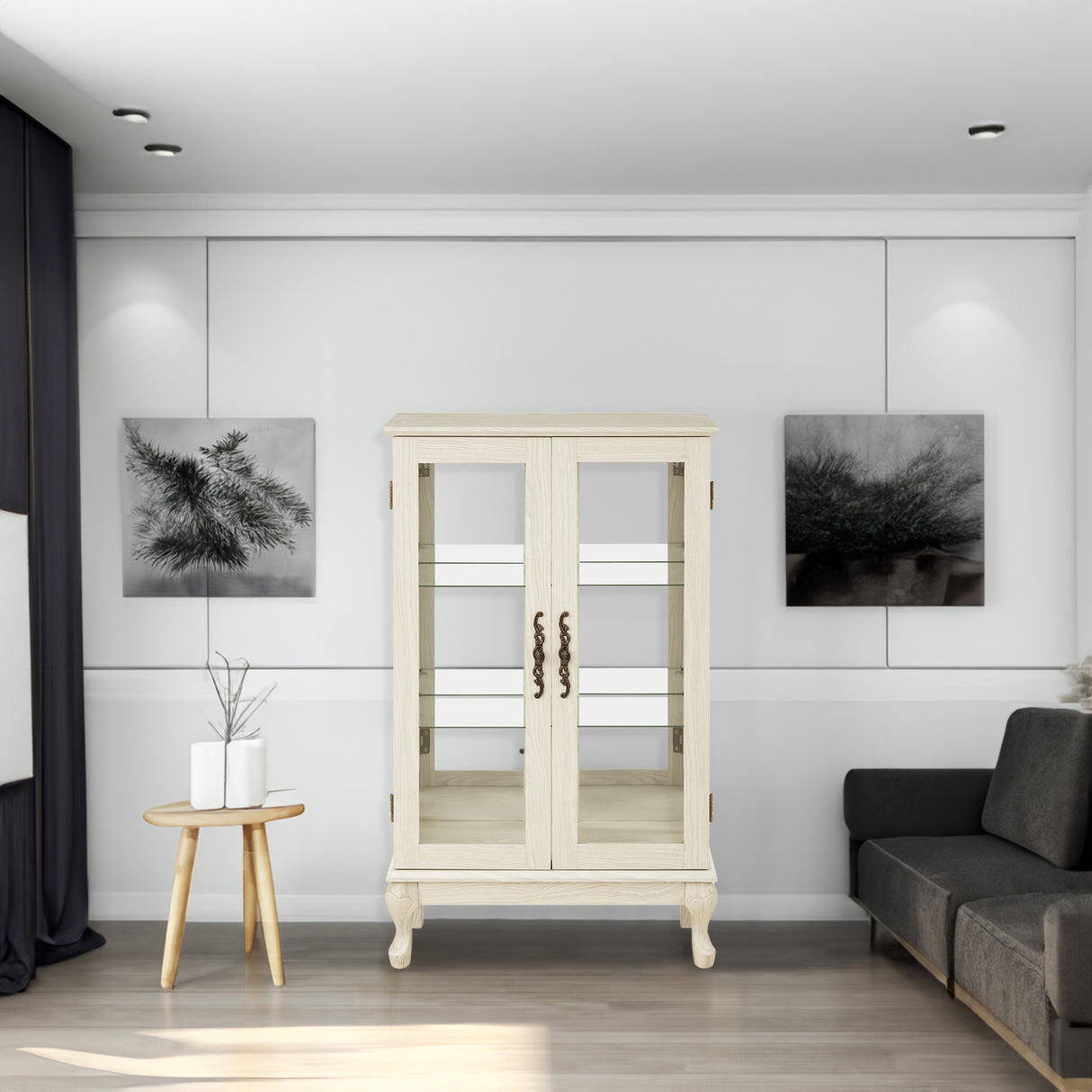 Dual door Curio cabinet with tempered glass door mirror back panel and adjustable shelf display cabinet with light bulbs, white - V.I.P Digital Presence