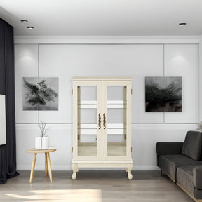 Dual door Curio cabinet with tempered glass door mirror back panel and adjustable shelf display cabinet with light bulbs, white - V.I.P Digital Presence