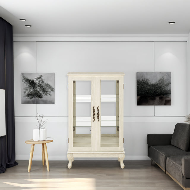 Dual door Curio cabinet with tempered glass door mirror back panel and adjustable shelf display cabinet with light bulbs, white - V.I.P Digital Presence