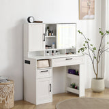 Vanity table with large sliding lighted mirror dressing table with 2 drawers storage shelves and upholstered stool white color