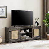 Vine TV stand console table, suitable for TVs under 70 inches, equipped with 2 storage shelves and 2 natural rattan doors, gray - V.I.P Digital Presence
