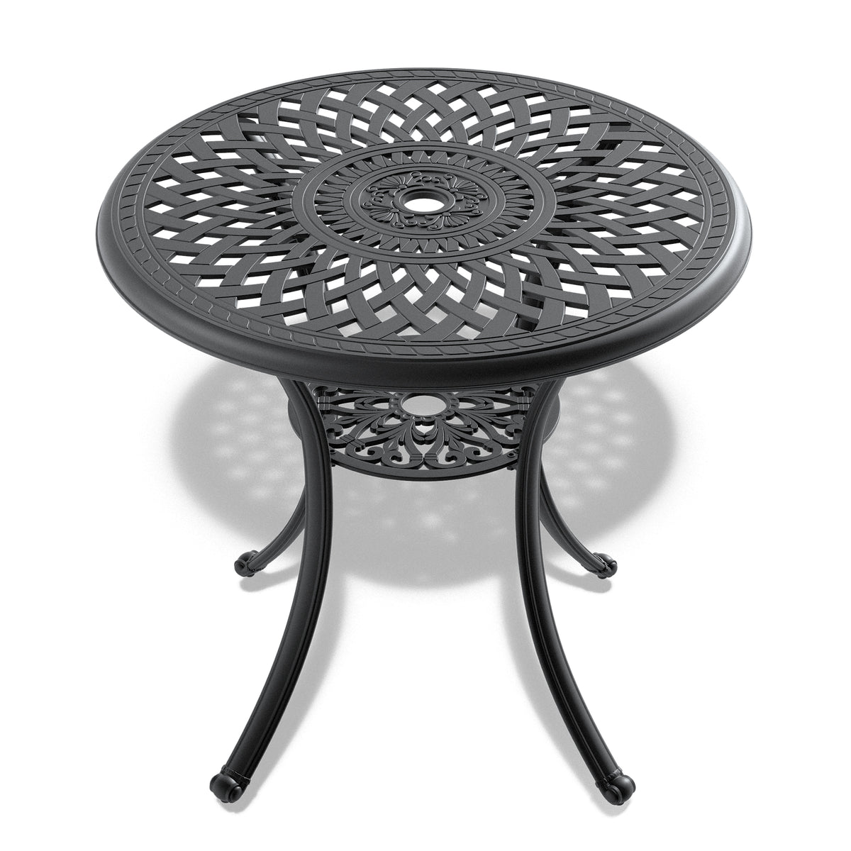 Ø30.71-inch Cast Aluminum Patio Dining Table With Black Frame and Umbrella Hole - V.I.P Digital Presence