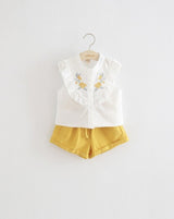 INS Children's Clothing Girls Embroidered Flowers Ruffled Lace Sleeveless Shirt Two-Color Shorts Set - V.I.P Digital Presence