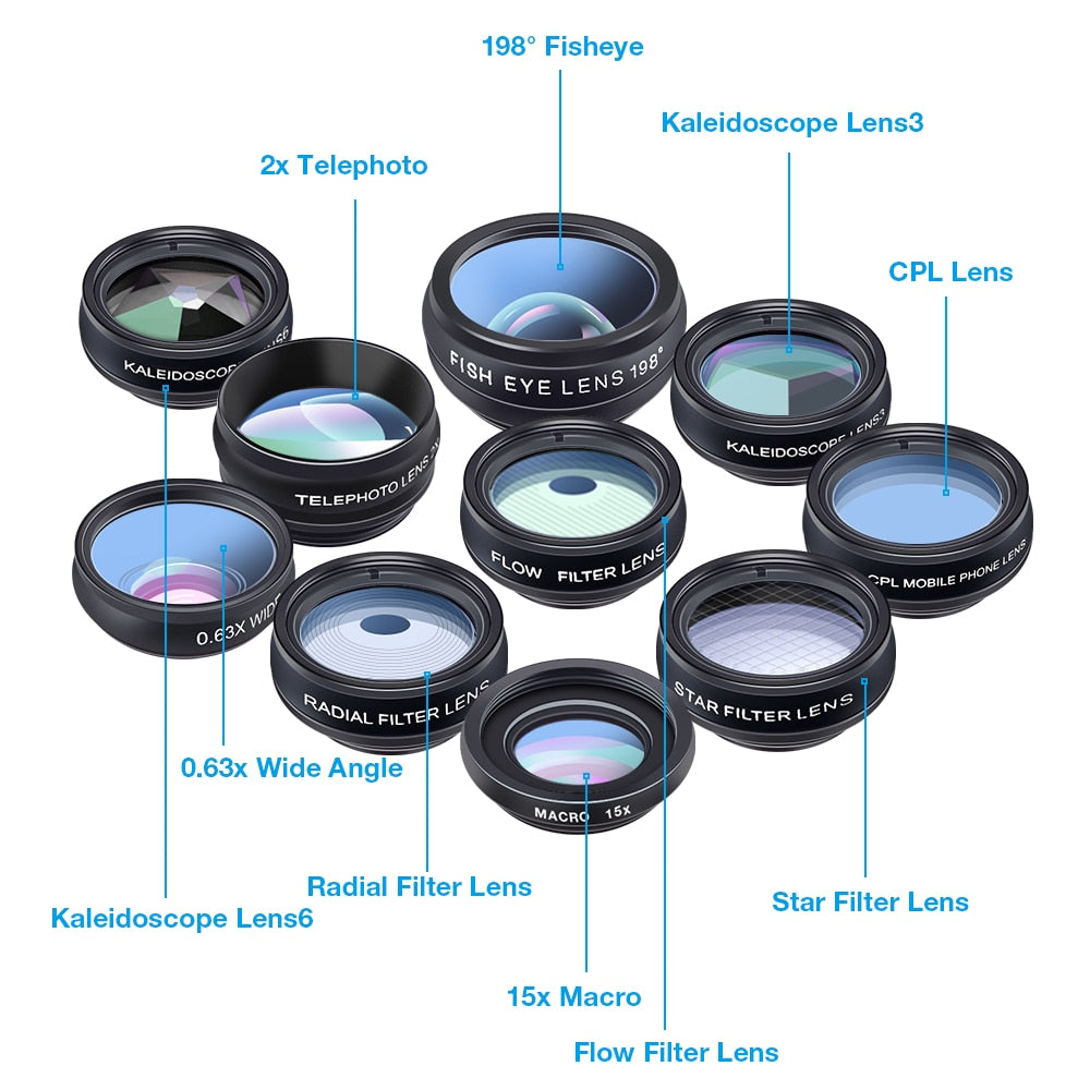APEXEL Phone lens kit universal 10 in 1 Fisheye Wide Angle macro Lens CPL Filter Kaleidoscope+2X telescope Lens for smartphone - V.I.P Digital Presence