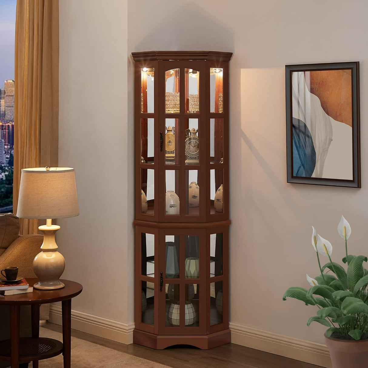 Corner Curio Cabinet with 5 Shelves and Lighting System, Walnut(E26 light bulb not included) - V.I.P Digital Presence