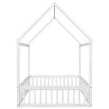 Full Size Wood House Bed with Fence and Door White Wash