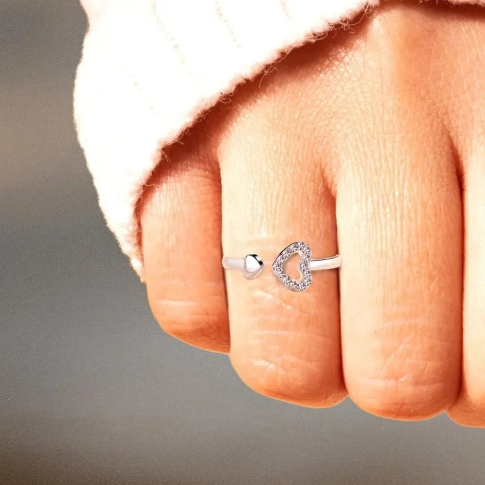 925 Sterling Silver Inlaid Zircon Heart Open Ring - V.I.P Digital Presence