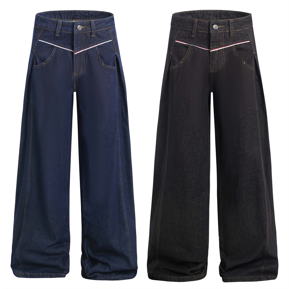American High Street Design Denim Wide Leg Long Pants Men's Vibe Trendy Side Pleated Loose Casual Trousers - V.I.P Digital Presence