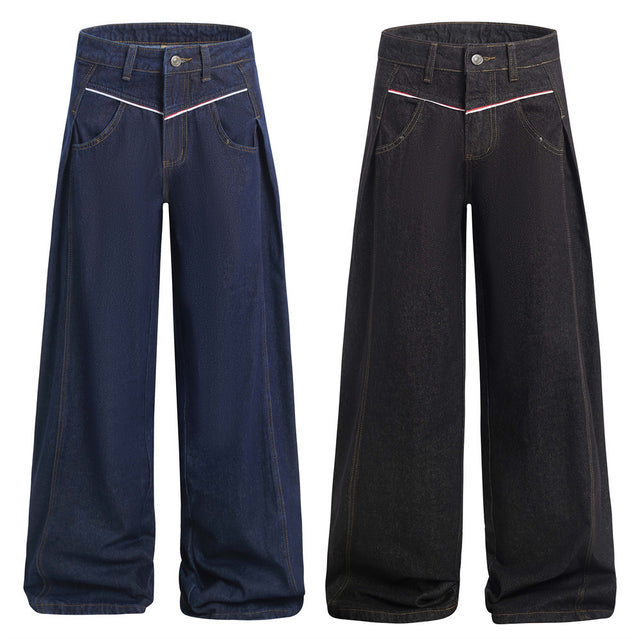 American High Street Design Denim Wide Leg Long Pants Men's Vibe Trendy Side Pleated Loose Casual Trousers - V.I.P Digital Presence