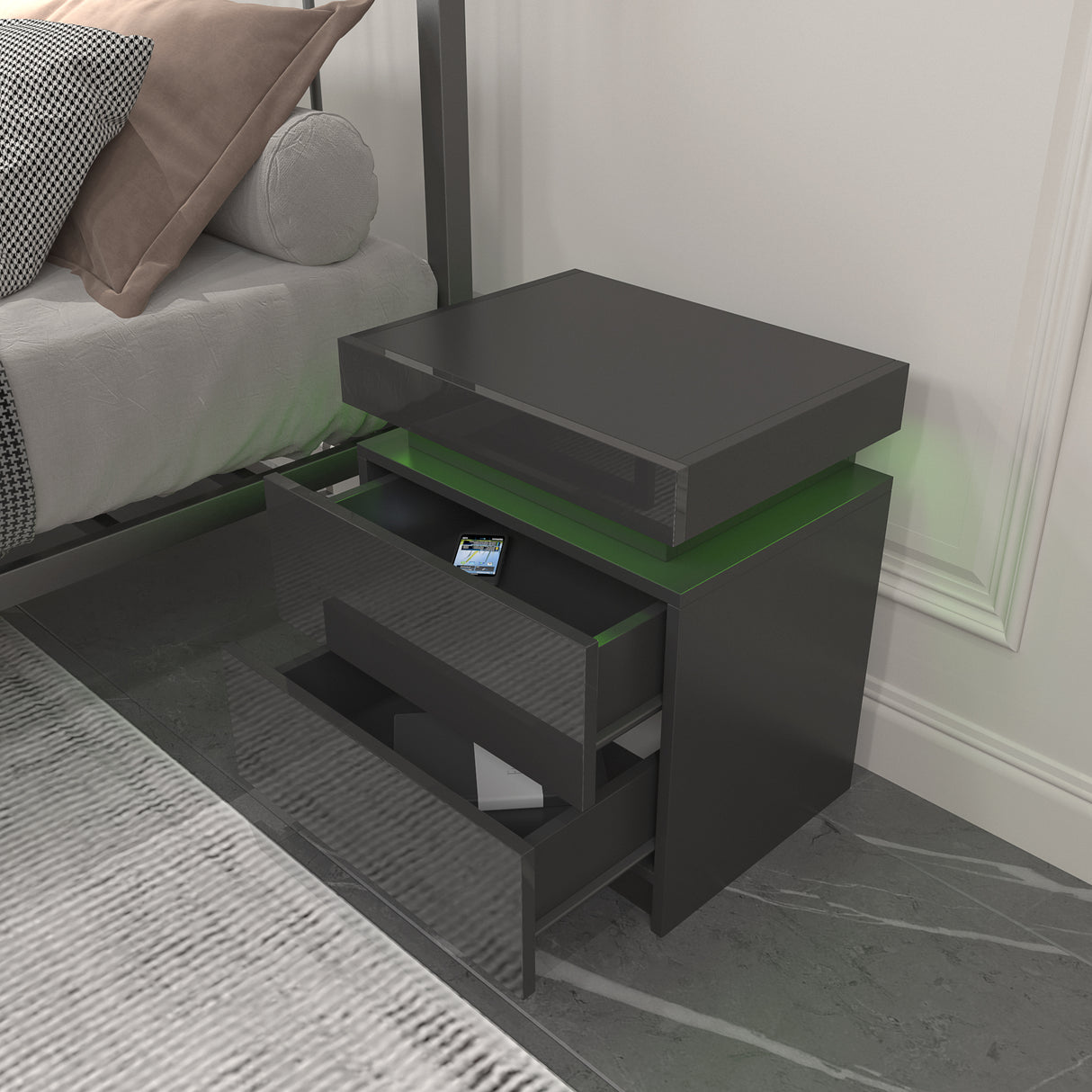Modern Black LED Nightstand with Led Lights Bedside table with 2 High Gloss Drawers for Bedroom - V.I.P Digital Presence