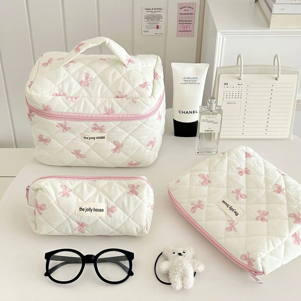Cute Bow Flower Quilting Cotton Makeup Bag Women Zipper Cosmetic Organizer Female Cloth Handbag Portable Toiletry Case for Girls - V.I.P Digital Presence