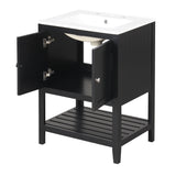 24" Black Modern Sleek Bathroom Vanity Elegant Ceramic Sink with Solid Wood Frame Open Style Shelf - V.I.P Digital Presence