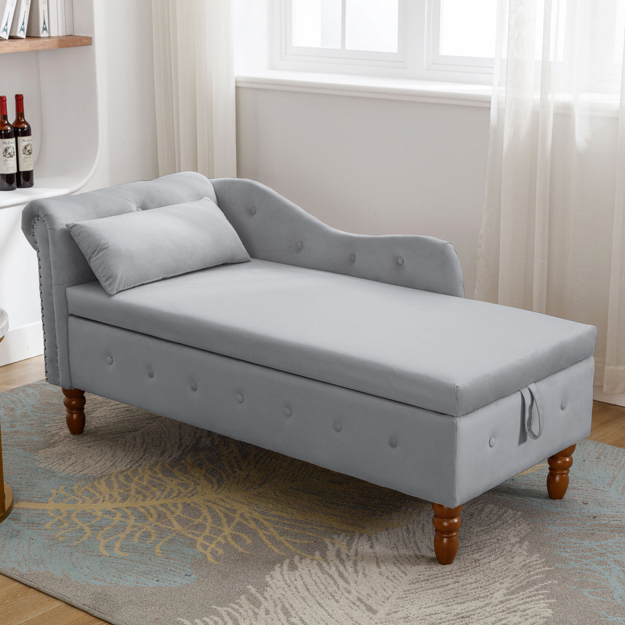 Grey Chaise Lounge Indoor Velvet Lounge Chair for Bedroom with Storage & Pillow Modern Upholstered Rolled Arm Chase Lounge - V.I.P Digital Presence