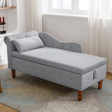 Grey Chaise Lounge Indoor Velvet Lounge Chair for Bedroom with Storage & Pillow Modern Upholstered Rolled Arm Chase Lounge - V.I.P Digital Presence